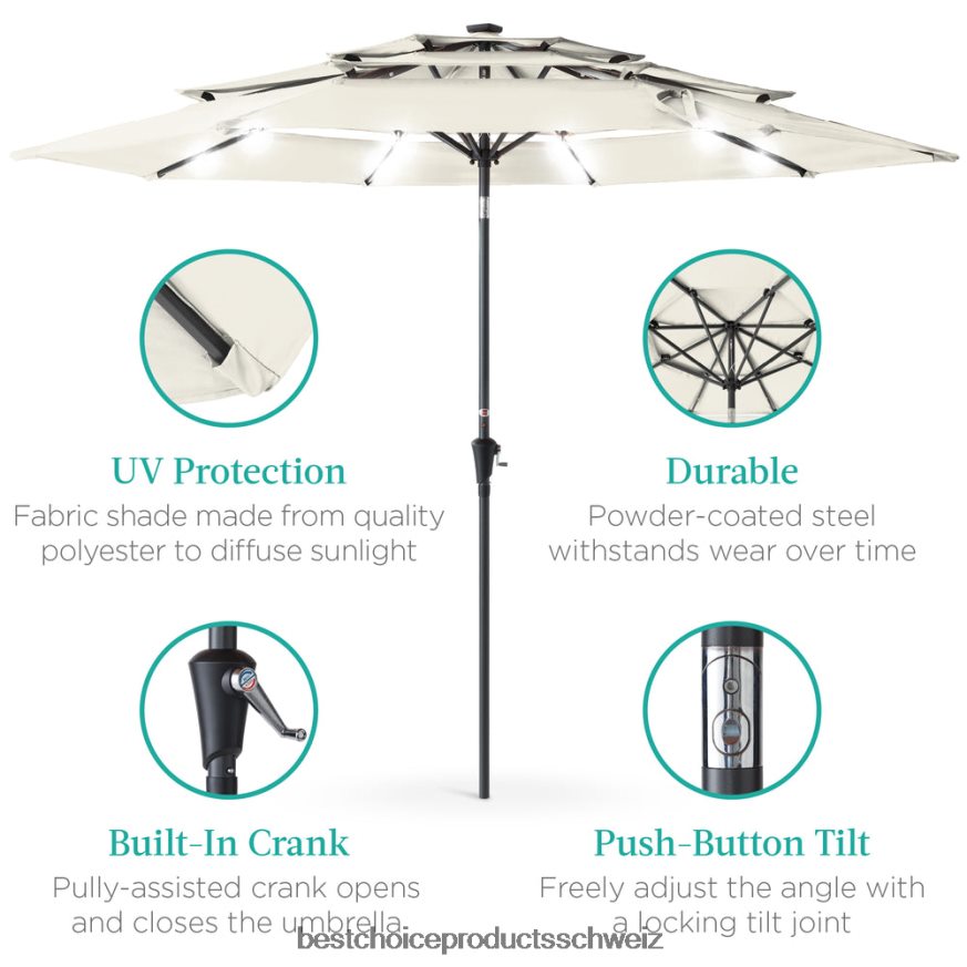 Best Choice Products 3-stufiger Solar-Terrassenschirm mit LED-Beleuchtung, Neigungsverstellung und Kurbel Elfenbein 2JD0221479
