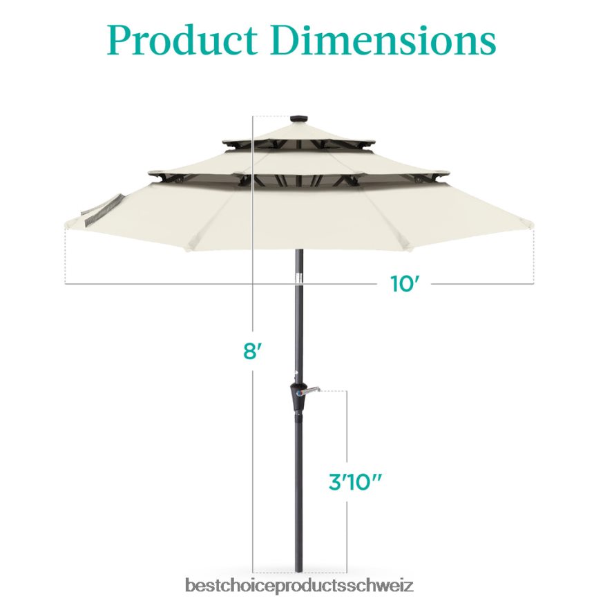 Best Choice Products 3-stufiger Solar-Terrassenschirm mit LED-Beleuchtung, Neigungsverstellung und Kurbel Elfenbein 2JD0221479