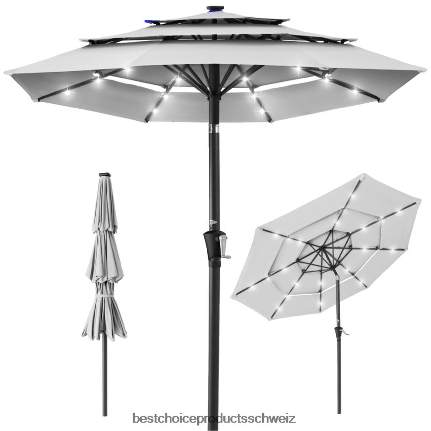 Best Choice Products 3-stufiger Solar-Terrassenschirm mit LED-Beleuchtung, Neigungsverstellung und Kurbel Nebelgrau 2JD0221478