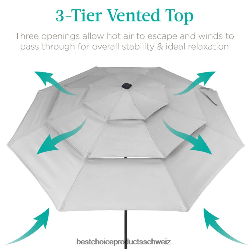 Best Choice Products 3-stufiger Solar-Terrassenschirm mit LED-Beleuchtung, Neigungsverstellung und Kurbel Nebelgrau 2JD0221478