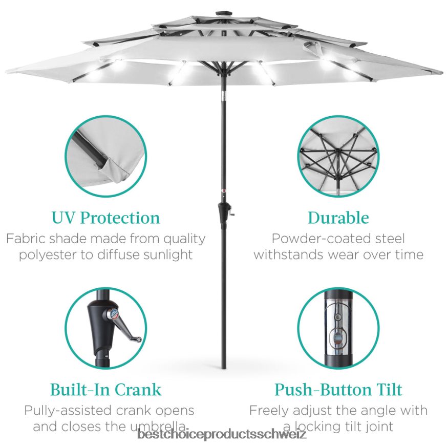 Best Choice Products 3-stufiger Solar-Terrassenschirm mit LED-Beleuchtung, Neigungsverstellung und Kurbel Nebelgrau 2JD0221478