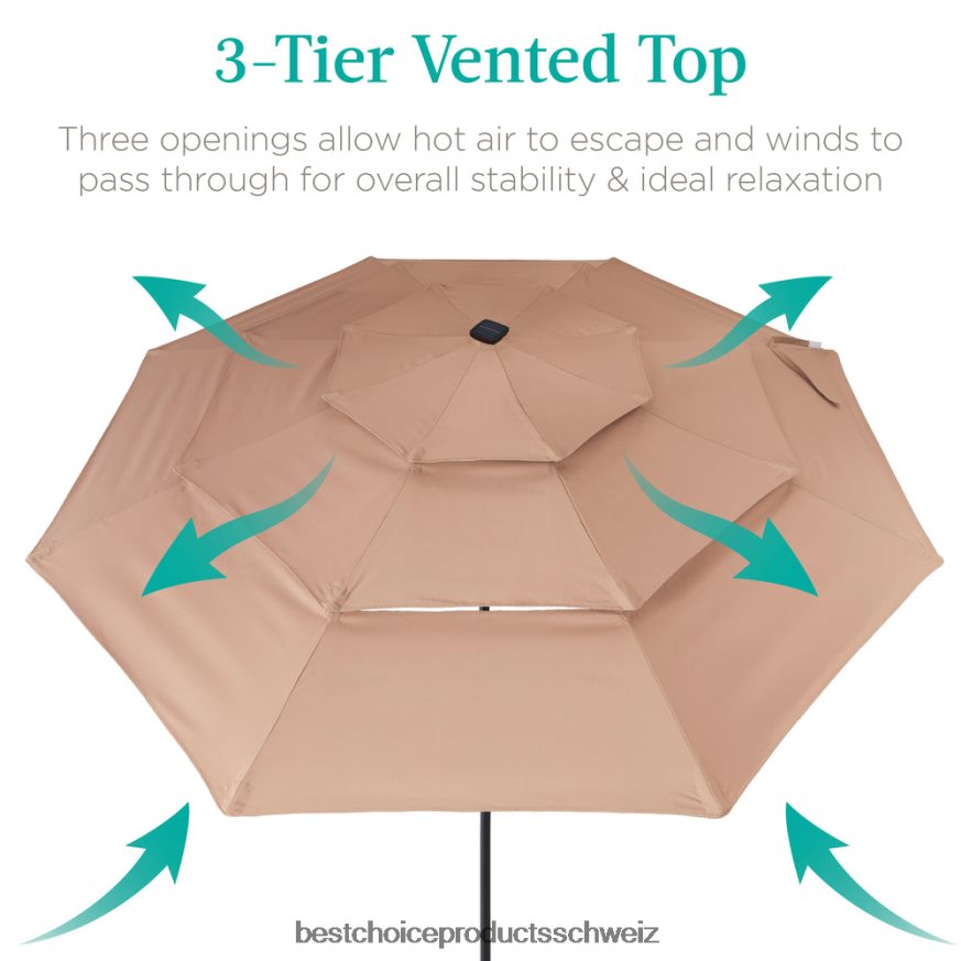Best Choice Products 3-stufiger Solar-Terrassenschirm mit LED-Beleuchtung, Neigungsverstellung und Kurbel bräunen 2JD0221477
