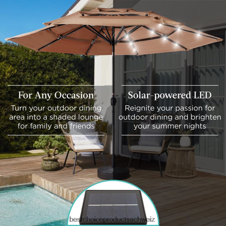 Best Choice Products 3-stufiger Solar-Terrassenschirm mit LED-Beleuchtung, Neigungsverstellung und Kurbel bräunen 2JD0221477
