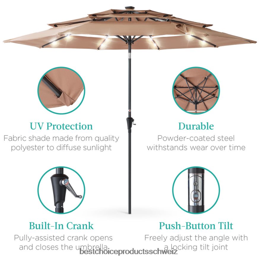 Best Choice Products 3-stufiger Solar-Terrassenschirm mit LED-Beleuchtung, Neigungsverstellung und Kurbel bräunen 2JD0221477
