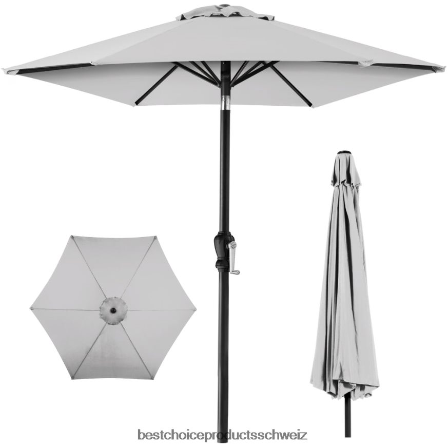 Best Choice Products Markt-Terrassenschirmdekoration für den Außenbereich aus Stahl mit Neigungs- und Kurbellift Nebelgrau 2JD0221378