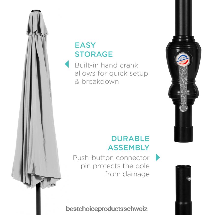 Best Choice Products Markt-Terrassenschirmdekoration für den Außenbereich aus Stahl mit Neigungs- und Kurbellift Nebelgrau 2JD0221378