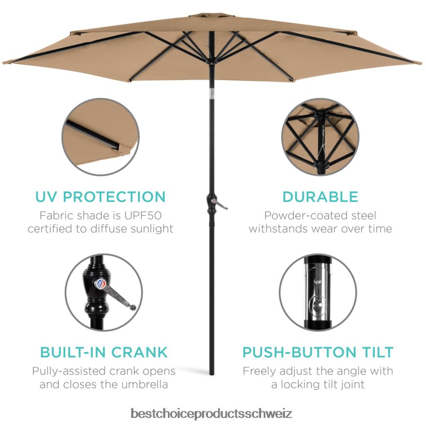Best Choice Products Markt-Terrassenschirmdekoration für den Außenbereich aus Stahl mit Neigungs- und Kurbellift bräunen 2JD0221366