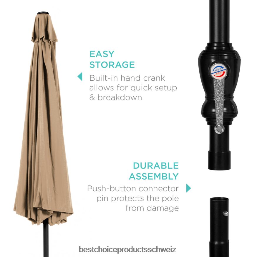 Best Choice Products Markt-Terrassenschirmdekoration für den Außenbereich aus Stahl mit Neigungs- und Kurbellift bräunen 2JD0221366