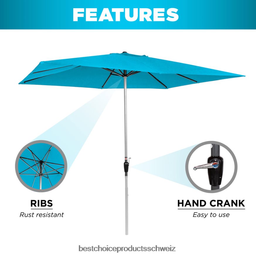 Best Choice Products Rechteckiger Sonnenschirm mit einfacher Kurbel, UV-beständiger Stoff hellblau 2JD0221422