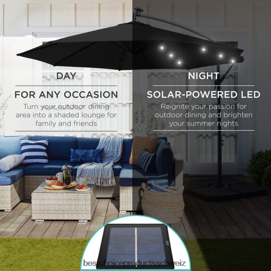 Best Choice Products Solar-LED-Terrassenschirm zum Aufhängen, mit Kurbelneigungsverstellung Schwarz 2JD022843