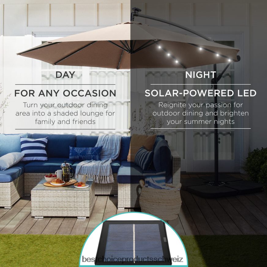 Best Choice Products Solar-LED-Terrassenschirm zum Aufhängen, mit Kurbelneigungsverstellung bräunen 2JD022841