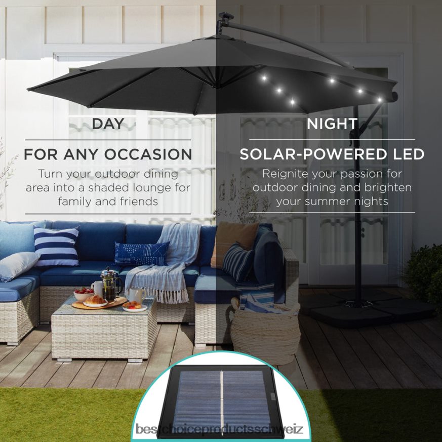 Best Choice Products Solar-LED-Terrassenschirm zum Aufhängen, mit Kurbelneigungsverstellung grau 2JD022847
