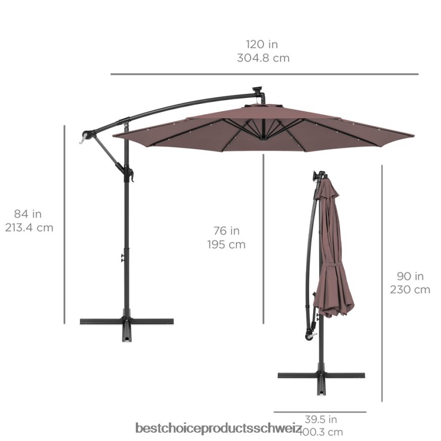 Best Choice Products Solar-LED-Terrassenschirm zum Aufhängen, mit Kurbelneigungsverstellung tiefes Taupe 2JD022842
