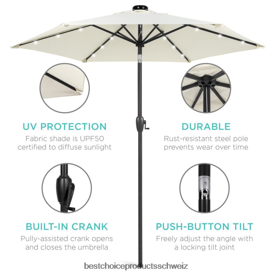 Best Choice Products Solar-Terrassenschirm für den Außenbereich mit Druckknopf-Kippfunktion und Kurbellift Elfenbein 2JD022865