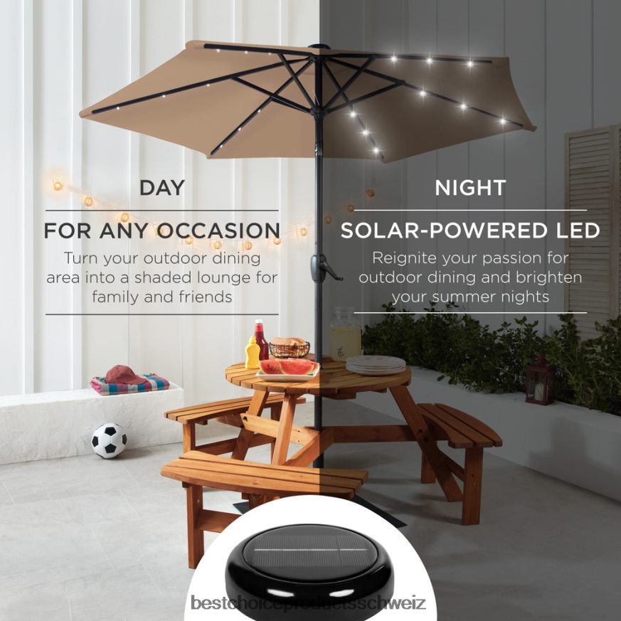 Best Choice Products Solar-Terrassenschirm für den Außenbereich mit Druckknopf-Kippfunktion und Kurbellift bräunen 2JD022857