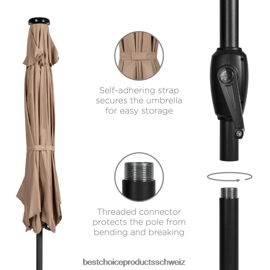 Best Choice Products Solar-Terrassenschirm für den Außenbereich mit Druckknopf-Kippfunktion und Kurbellift bräunen 2JD022857