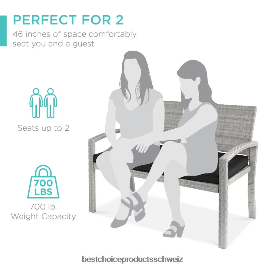 Best Choice Products 2-Personen-Verandabank aus Korbgeflecht für den Außenbereich und den Garten mit einer Kapazität von 700 Pfund Grauschwarz 2JD022948