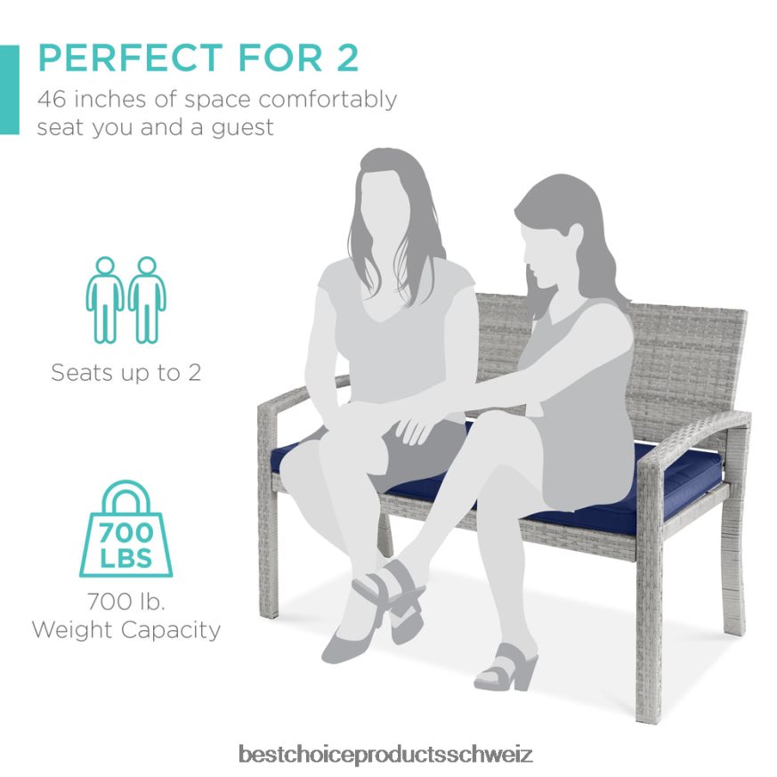 Best Choice Products 2-Personen-Verandabank aus Korbgeflecht für den Außenbereich und den Garten mit einer Kapazität von 700 Pfund grau/marine 2JD022946