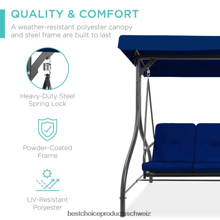 Best Choice Products 3-sitziges Outdoor-Möbel mit Hollywoodschaukel und umwandelbarer Flachbett-Rückenlehne Marine 2JD0221362