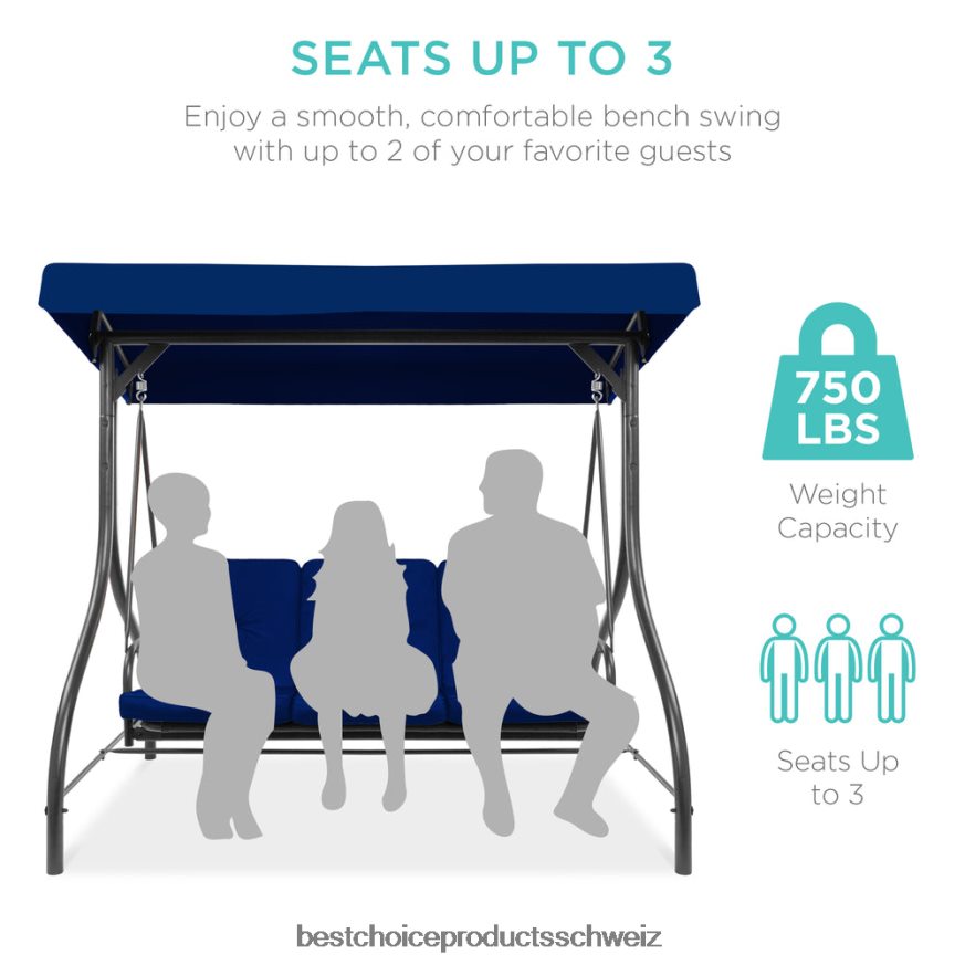 Best Choice Products 3-sitziges Outdoor-Möbel mit Hollywoodschaukel und umwandelbarer Flachbett-Rückenlehne Marine 2JD0221362
