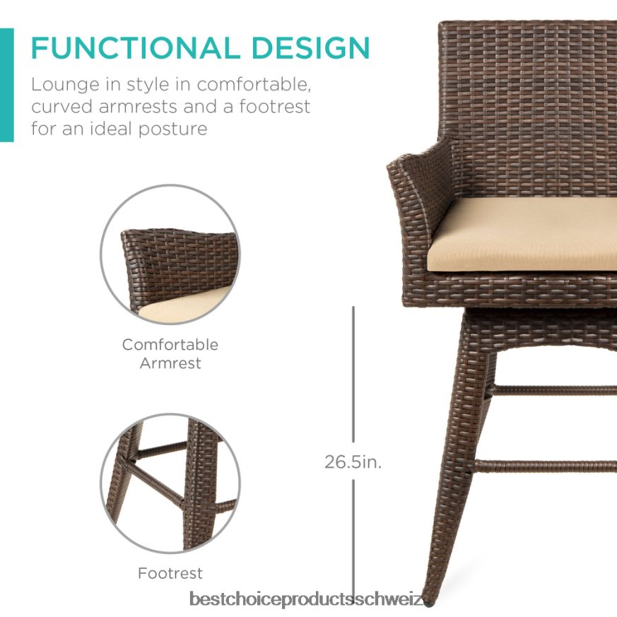 Best Choice Products Allwetter-Barhocker aus Korbgeflecht mit Gegenhöhe und Kissen braun 2JD022436