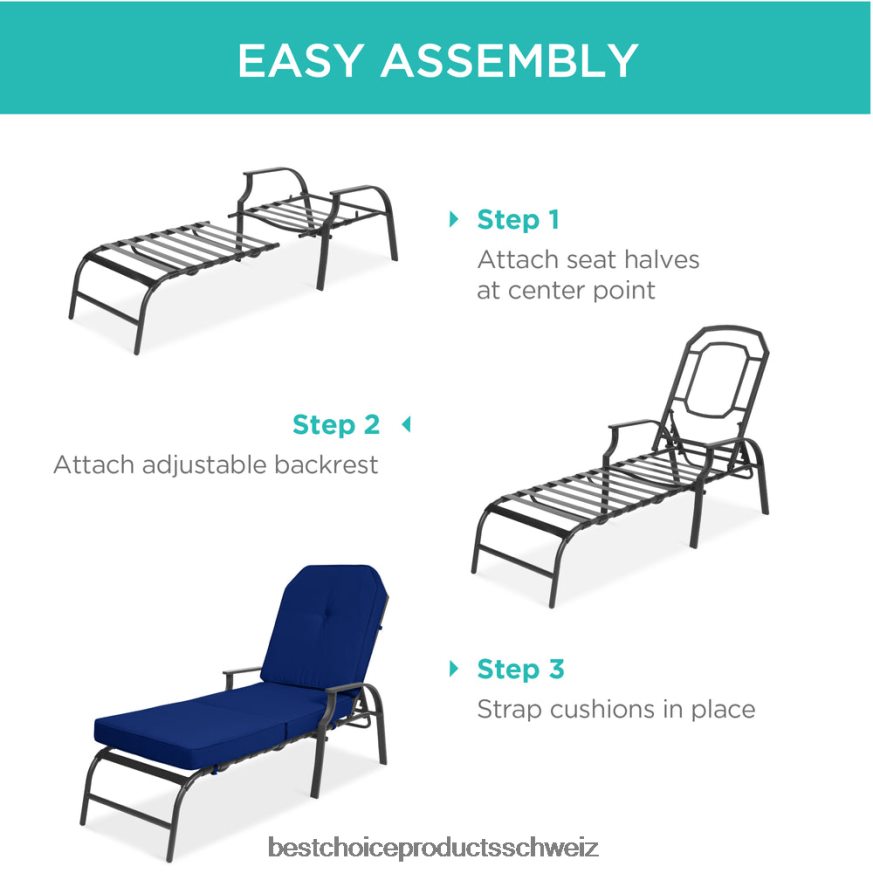 Best Choice Products Chaiselongue-Liegestuhlmöbel für den Außenbereich mit 2 Kissen Navy blau 2JD022884