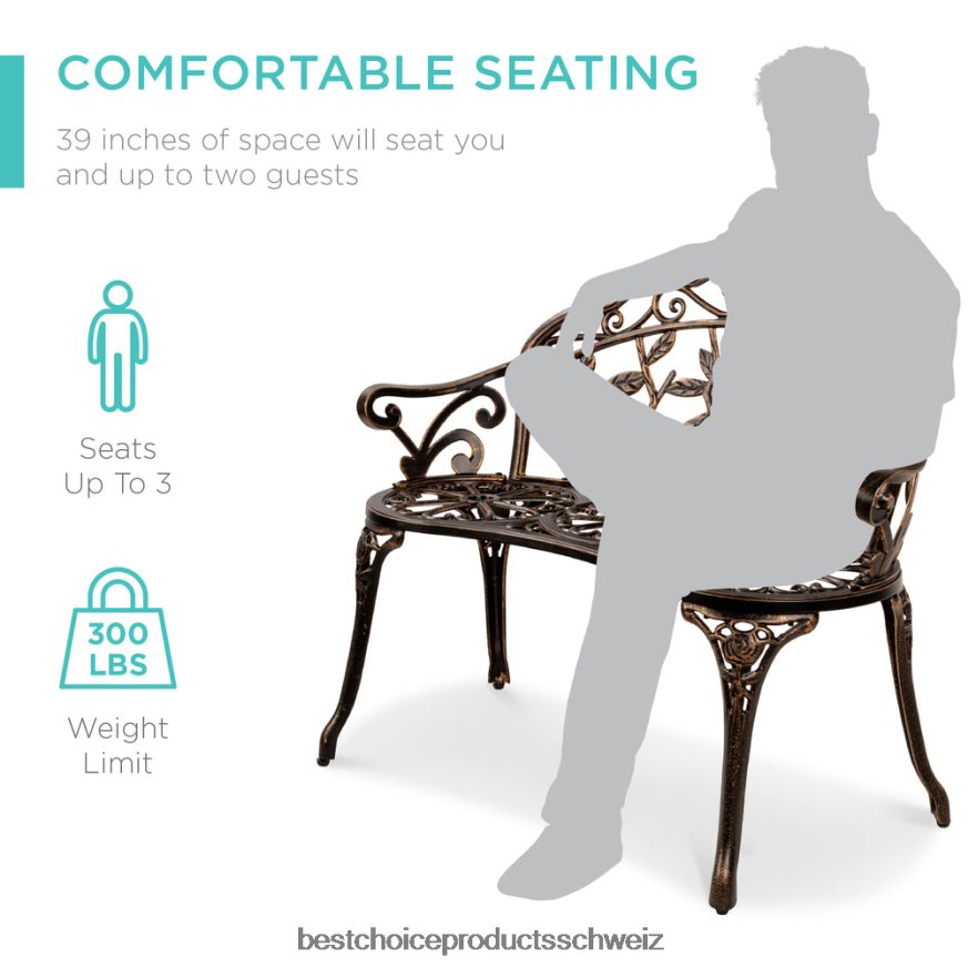 Best Choice Products Gartenbank aus Stahl für den Außenbereich, Terrassenmöbel mit floralem Rosenakzent Bronze 2JD0221454