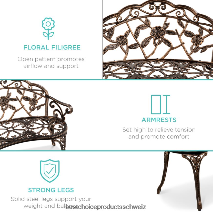 Best Choice Products Gartenbank aus Stahl für den Außenbereich, Terrassenmöbel mit floralem Rosenakzent Bronze 2JD0221454