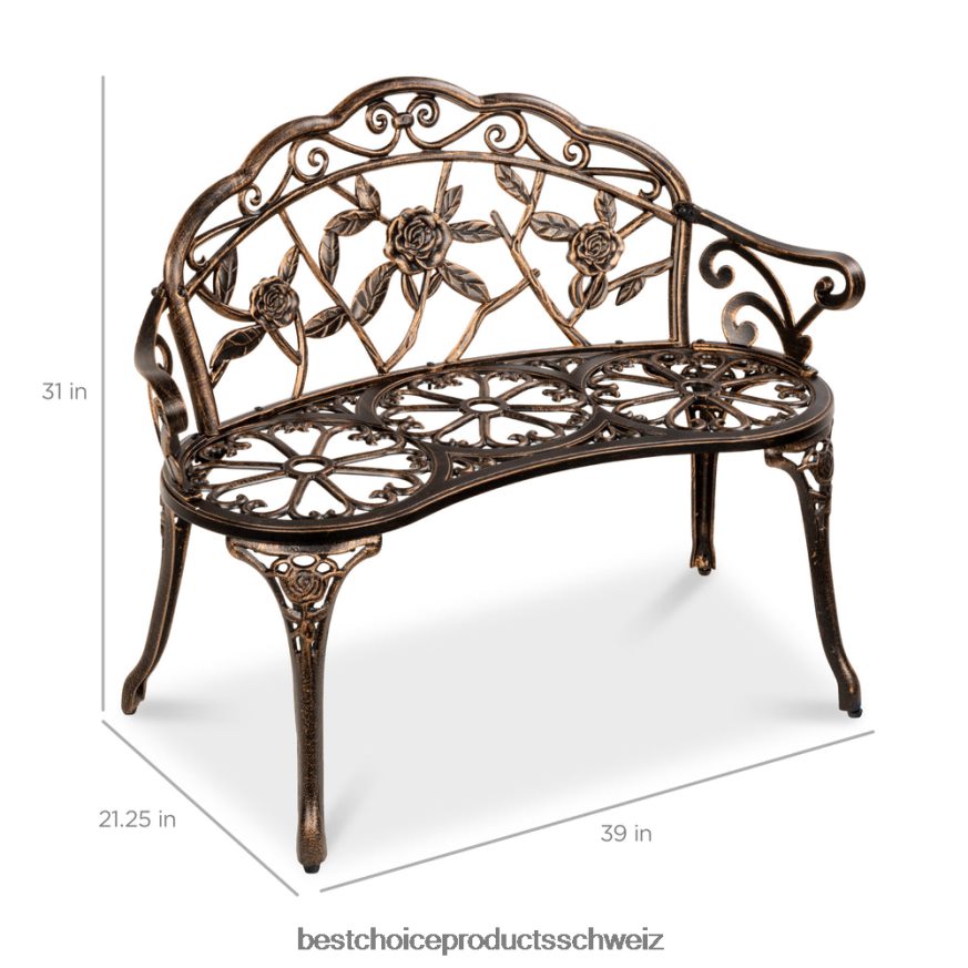 Best Choice Products Gartenbank aus Stahl für den Außenbereich, Terrassenmöbel mit floralem Rosenakzent Bronze 2JD0221454