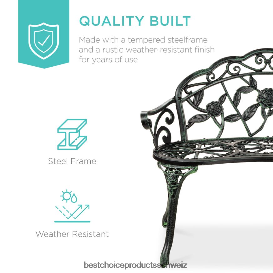 Best Choice Products Gartenbank aus Stahl für den Außenbereich, Terrassenmöbel mit floralem Rosenakzent Grün Schwarz 2JD0221453
