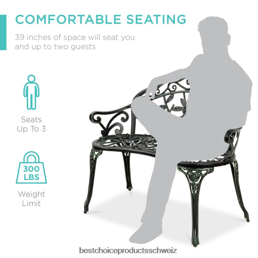 Best Choice Products Gartenbank aus Stahl für den Außenbereich, Terrassenmöbel mit floralem Rosenakzent Grün Schwarz 2JD0221453