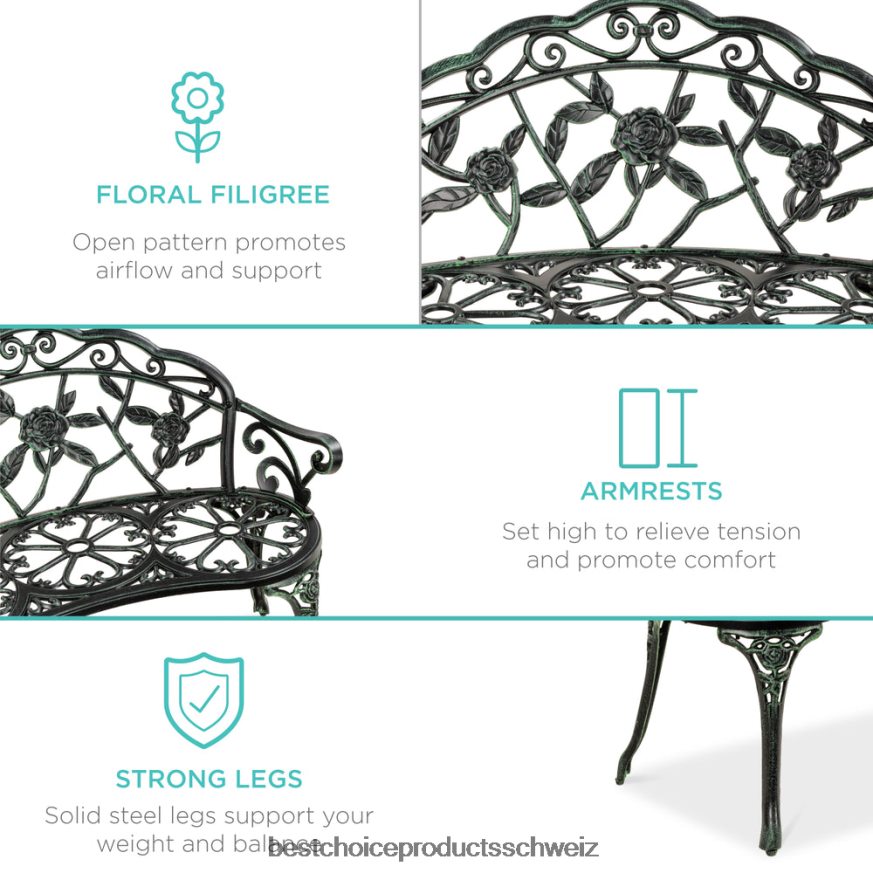 Best Choice Products Gartenbank aus Stahl für den Außenbereich, Terrassenmöbel mit floralem Rosenakzent Grün Schwarz 2JD0221453