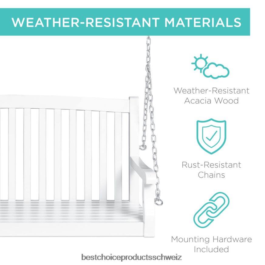 Best Choice Products Hängende Hollywoodschaukelbank aus Holz mit gebogener Rückenlehne und Befestigungsketten Weiß 2JD022941