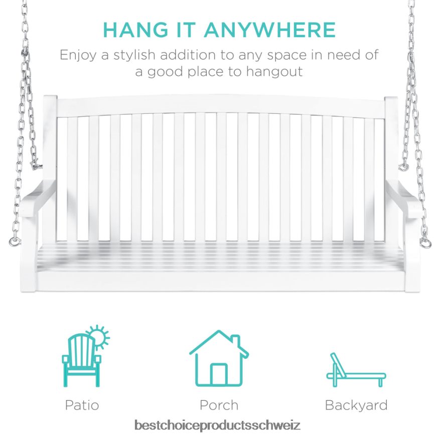 Best Choice Products Hängende Hollywoodschaukelbank aus Holz mit gebogener Rückenlehne und Befestigungsketten Weiß 2JD022941