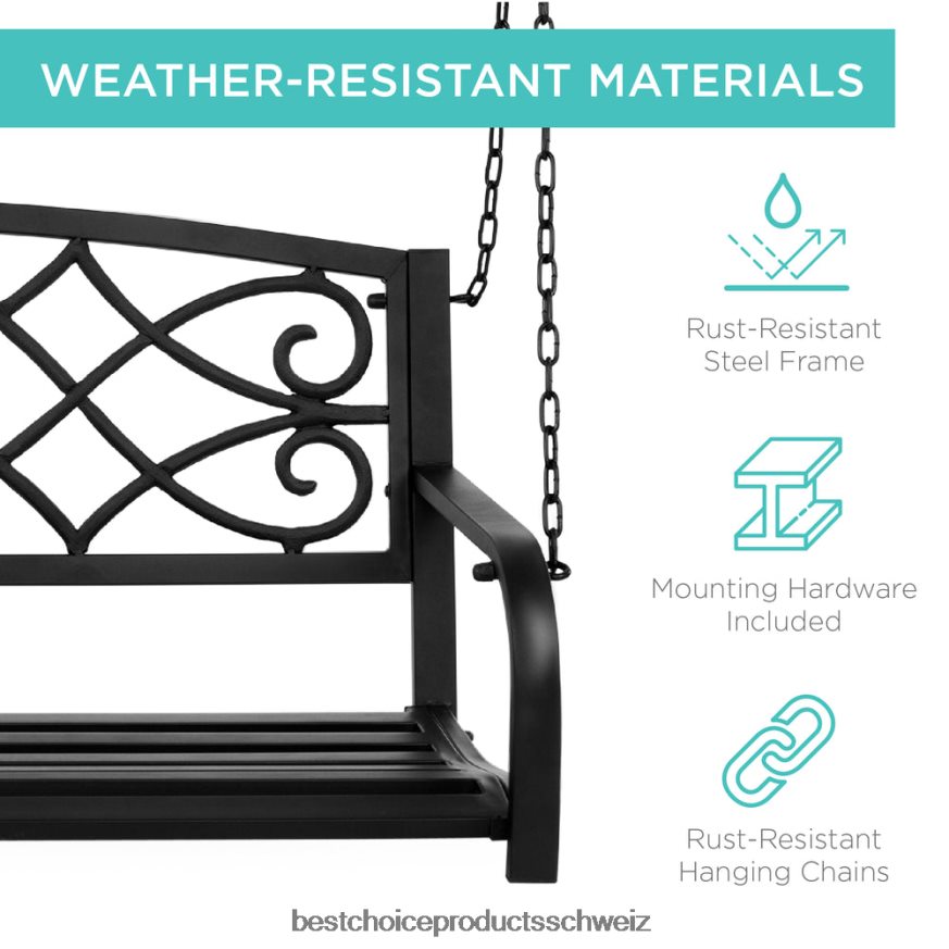 Best Choice Products Hängende Schaukelbank aus Metall für 2 Personen mit Fleur-de-lis-Akzenten Schwarz 2JD0221483