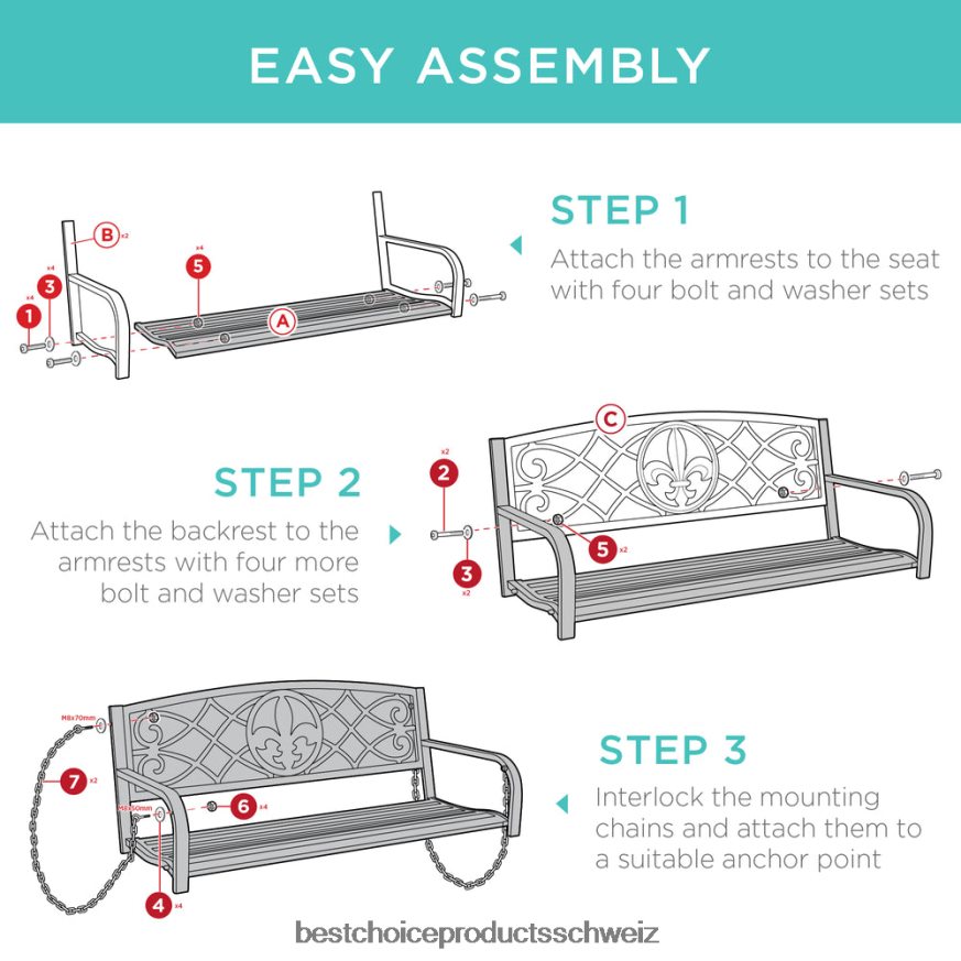 Best Choice Products Hängende Schaukelbank aus Metall für 2 Personen mit Fleur-de-lis-Akzenten Schwarz 2JD0221483