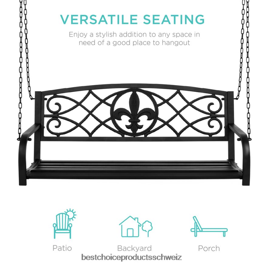 Best Choice Products Hängende Schaukelbank aus Metall für 2 Personen mit Fleur-de-lis-Akzenten Schwarz 2JD0221483