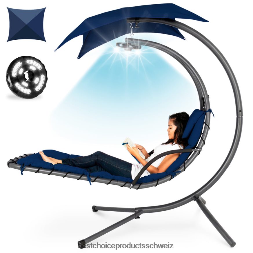 Best Choice Products Hängender, gebogener Chaiselongue-Sessel mit LED-Beleuchtung, Kissen, Baldachin und Ständer Marine 2JD0221413