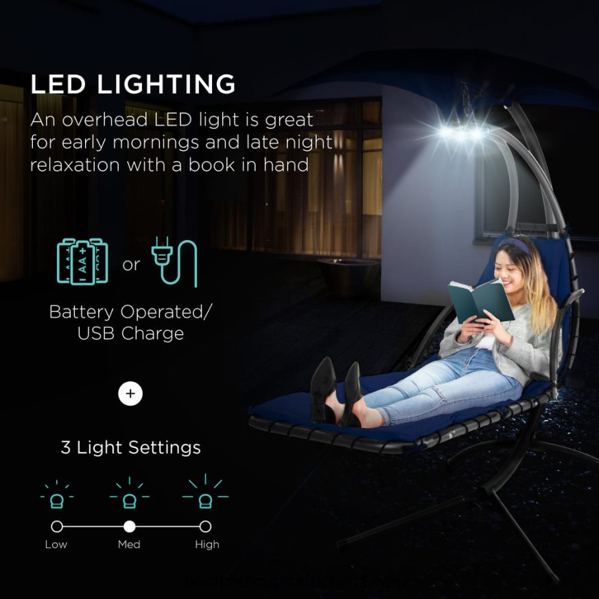 Best Choice Products Hängender, gebogener Chaiselongue-Sessel mit LED-Beleuchtung, Kissen, Baldachin und Ständer Marine 2JD0221413