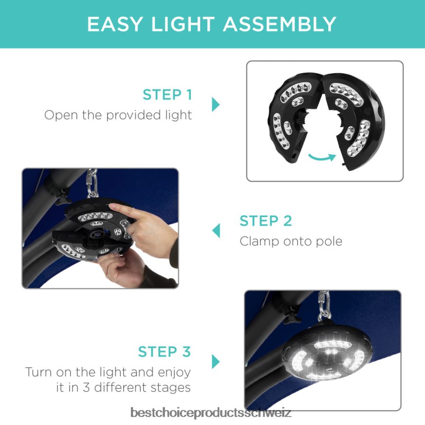 Best Choice Products Hängender, gebogener Chaiselongue-Sessel mit LED-Beleuchtung, Kissen, Baldachin und Ständer Marine 2JD0221413