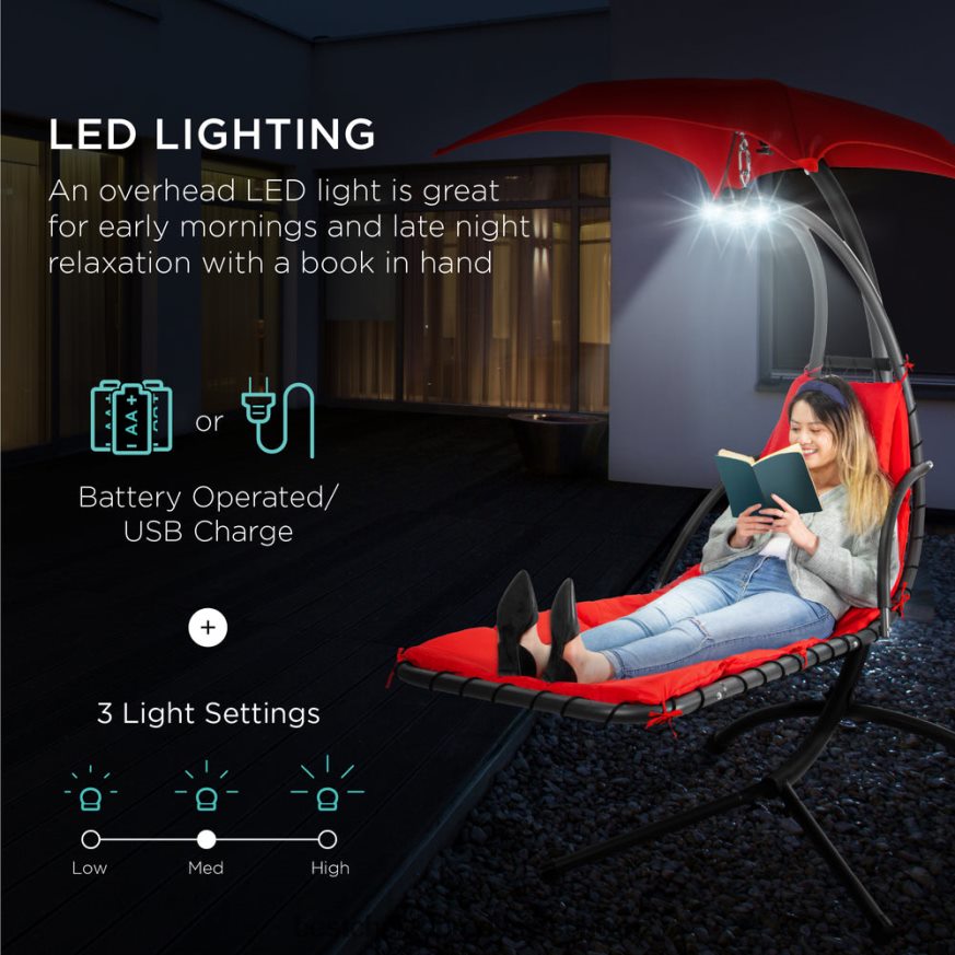 Best Choice Products Hängender, gebogener Chaiselongue-Sessel mit LED-Beleuchtung, Kissen, Baldachin und Ständer Rot 2JD0221411