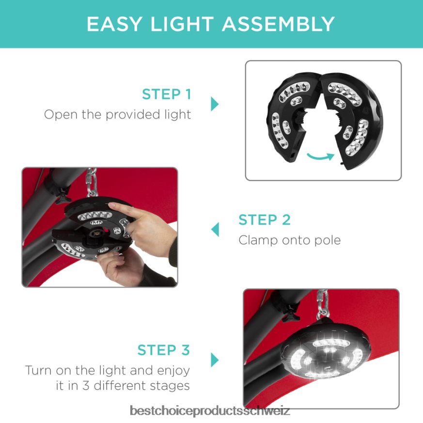 Best Choice Products Hängender, gebogener Chaiselongue-Sessel mit LED-Beleuchtung, Kissen, Baldachin und Ständer Rot 2JD0221411