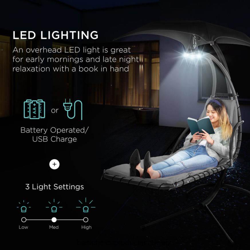 Best Choice Products Hängender, gebogener Chaiselongue-Sessel mit LED-Beleuchtung, Kissen, Baldachin und Ständer grau 2JD0221412