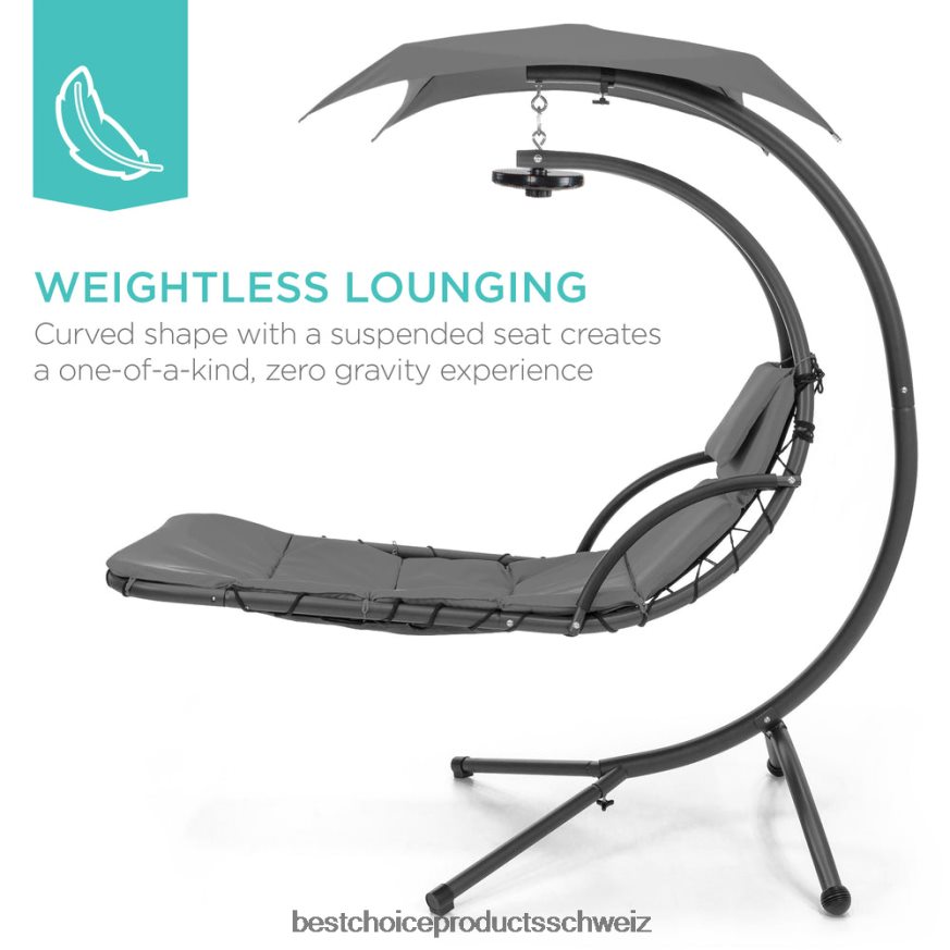 Best Choice Products Hängender, gebogener Chaiselongue-Sessel mit LED-Beleuchtung, Kissen, Baldachin und Ständer grau 2JD0221412