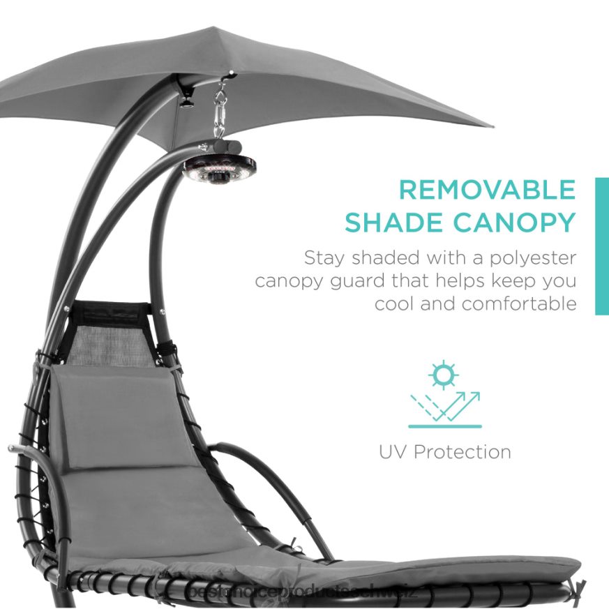 Best Choice Products Hängender, gebogener Chaiselongue-Sessel mit LED-Beleuchtung, Kissen, Baldachin und Ständer grau 2JD0221412