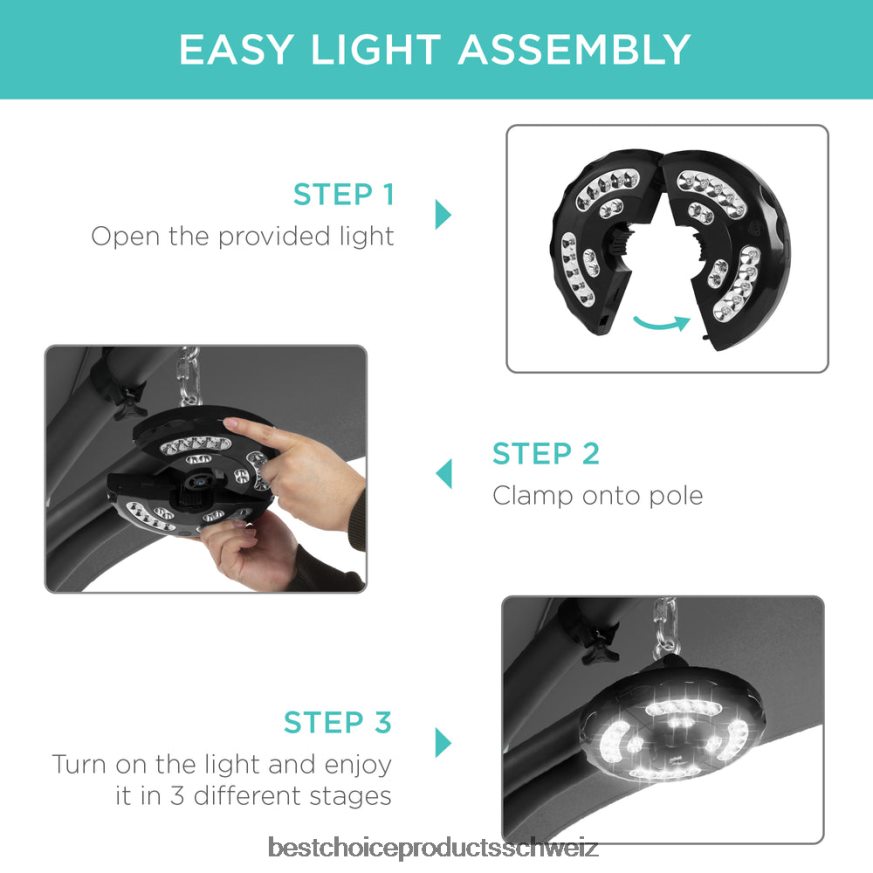Best Choice Products Hängender, gebogener Chaiselongue-Sessel mit LED-Beleuchtung, Kissen, Baldachin und Ständer grau 2JD0221412