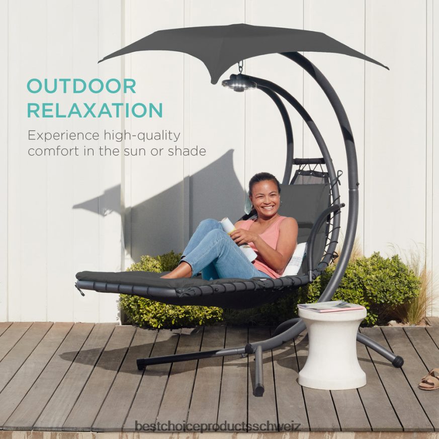 Best Choice Products Hängender, gebogener Chaiselongue-Sessel mit LED-Beleuchtung, Kissen, Baldachin und Ständer grau 2JD0221412