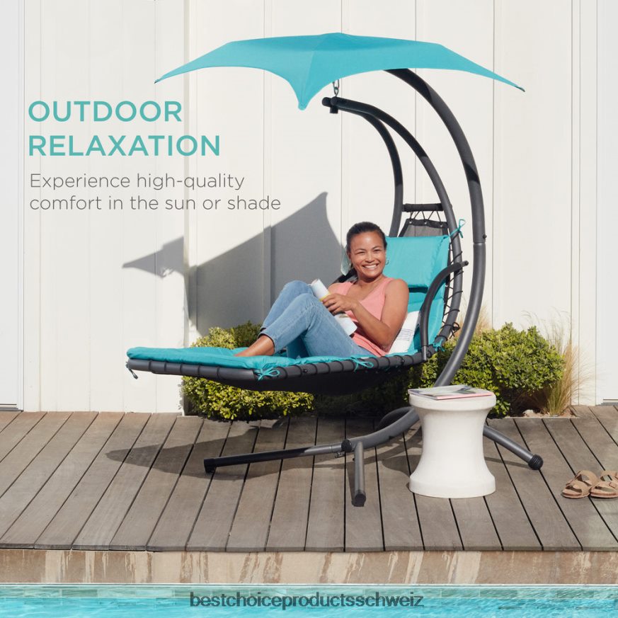Best Choice Products Hängender, gebogener Chaiselongue-Sessel mit integriertem Kissen und abnehmbarem Baldachin Blau 2JD022818