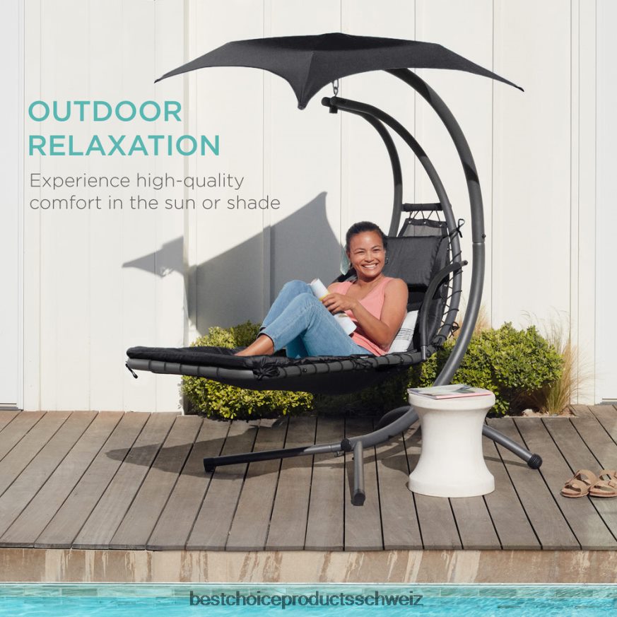 Best Choice Products Hängender, gebogener Chaiselongue-Sessel mit integriertem Kissen und abnehmbarem Baldachin Schwarz 2JD022823
