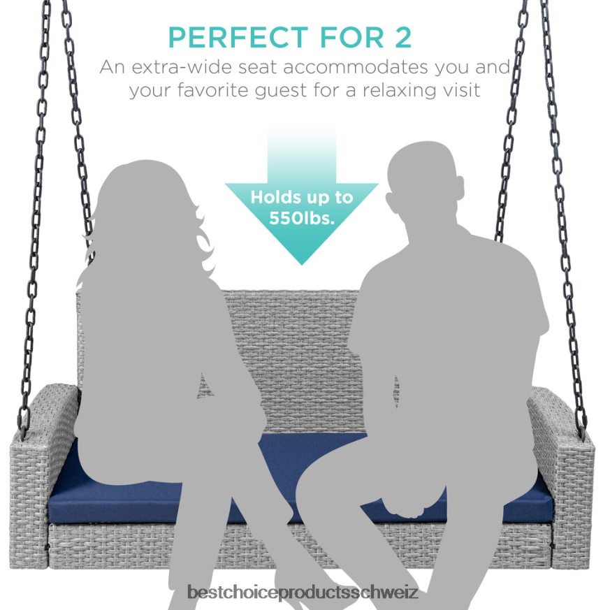 Best Choice Products Hängeschaukelbank aus geflochtenem Korbgeflecht mit Befestigungsketten und Sitzkissen grau/marine 2JD0221435